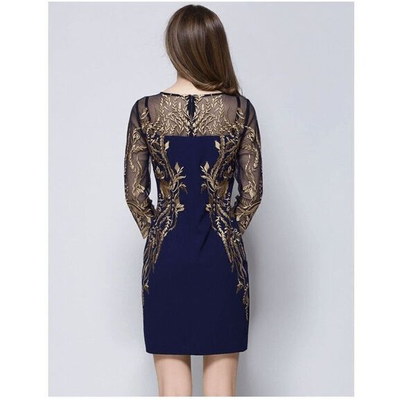 💙 NWT Blue Gold Floral Embroidered ¾ Mesh Sleeves Formal Sheath Dress SIZE 6 - Picture 4 of 15